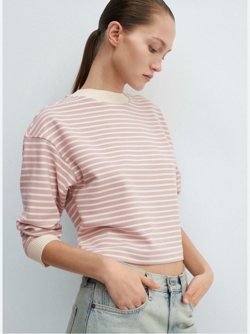 Mango Pink and White Striped Crewneck Sweatshirt